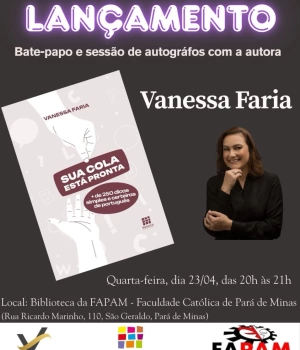 "Tenho dificuldade com os quatro porquês. Espera... são cinco?!” "E sessão? É com SS, Ç ou C?" "Atender ao telefone ou atender o telefone. Tanto faz, né?" (Ops... nem sempre!) Se você também já ficou na dúvida com essas e outras questões da nossa língua, tenho um convite especial para você! 📢 No dia 23 de abril, celebramos o Dia Mundial do Livro. Para comemorar essa data tão especial, será realizado o lançamento e a sessão de autógrafos do livro "Sua Cola Está Pronta: + de 250 dicas simples e certeiras de português, de autoria da Prof.ª Vanessa Faria. 📅 Quando? Quarta-feira, 23 de abril de 2025, das 20h às 21h. 📍 Onde? Biblioteca da FAPAM – Faculdade Católica de Pará de Minas (Rua Ricardo Marinho, 110, São Geraldo, Pará de Minas) Será uma alegria contar com a sua presença!