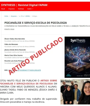 ■ Artigo Publicado !!!  ■ O fenômeno da transferência e duas recomendações de Freud sobre a técnica, a ambição terapêutica e o ponto cego.  ■ Estou muito feliz em publicar o Artigo sobre Psicanálise em parceria com meus queridos alunos e alunas: Álvaro Tadeu; Fabio de Menezes; Jéssica Simão e Maria Clara. Obrigado por confiarem meu trabalho de supervisão clínica em psicanálise e manejo na docência. @barcelosd.alvaro @fabio.de.menezes @jessicabrito934 @soaress.mariaclara  ■ Este artigo objetiva refletir sobre a viabilidade e os paradoxos da prática psicanalítica no contexto do Serviço de Psicologia Aplicado (SPA) da Faculdade Católica de Pará de Minas (FAPAM). Adota-se como eixo teórico norteador o conceito de transferência — motor e bússola da clínica —, articulando-o a duas recomendações técnicas freudianas, extraídas no texto “Recomendações ao médico que pratica a psicanálise” de 1912: o manejo da ambição terapêutica (furor sanandi) e a retificação do estagiário frente ao ponto cego. Discute-se como a inserção no serviço-escola atravessa a dinâmica dual tradicional, estabelecendo uma transferência inicial com a instituição e impondo entraves burocráticos e temporais. Diante dos limites da formação generalista e do risco de equivocar-se nos diferentes métodos, destaca-se a função do supervisor-analista no balizamento de uma aposta ética orientada pelo desejo. Conclui-se que a Psicanálise na universidade é viável e politicamente potente, desde que amparada no rigor do tripé psicanalítico (teoria, supervisão e análise pessoal), viabilizando a emergência do sujeito do inconsciente.  ■ Referência: BARCELOS, Álvaro Tadeu Dias; MENEZES, Fábio de; REZENDE, Jéssica Simão Brito; SOARES, Maria Clara Silva; PIMENTA, Ricardo Luiz Alves. Psicanálise e serviço-escola de psicologia: o fenômeno da transferência e duas recomendações de Freud sobre a técnica: a ambição terapêutica e o ponto cego. Revista Synthesis, Pará de Minas, v. 15, n. 1, p. 294–306, 2026. Disponível em: https://periodicos.fapam.edu.br/index.php/synthesis/article/view/878  ● Abraço🌻 Professor Me. Ricardo Pimenta  @fapam_oficial @psicologia_fapam  Itaúna/MG: 07/08/2026.
