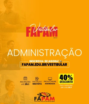 Você gosta de organizar ideias, entender negócios e transformar planos em ação? Administração pode ser o seu caminho.  Na graduação presencial, as perguntas ganham novas perspectivas quando você aprende e debate junto com professores e colegas.  Conheça o curso de Administração da FAPAM e inscreva-se gratuitamente no Vestibular 2027/1: fapam.edu.br/vestibular.  #Administração #VestibularFAPAM