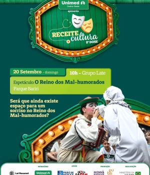 🎭 Será que ainda existe espaço para um sorriso no Reino dos Mal-humorados?  O Grupo Late chega à 5ª dose do Receite Cultura com um espetáculo para reunir toda a família e transformar a manhã de domingo em um encontro cheio de imaginação, humor e diversão.  📅 20 de setembro ⏰ 10h 🎭 Grupo Late — O Reino dos Mal-humorados 📍 Parque Bariri  Prepare o sorriso e venha descobrir o que acontece quando a alegria resolve entrar nesse reino! 💚  #UnimedCentroOeste #ReceiteCultura #GrupoLate #OReinoDosMalHumorados #Cultura Teatro ParáDeMinas