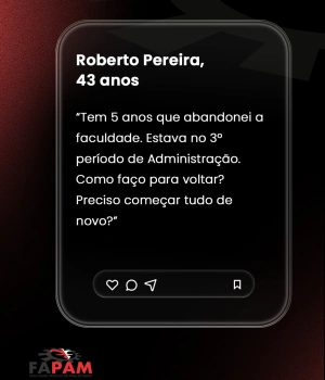 Nem sempre! Dependendo do caso, é possível aproveitar disciplinas já cursadas e retomar a graduação sem precisar recomeçar do zero.  Muitas pessoas interrompem a faculdade por trabalho, família ou outras responsabilidades. A boa notícia é que, em muitos casos, é possível retomar os estudos e aproveitar matérias já concluídas.  Na FAPAM, nossa equipe pode orientar você sobre as possibilidades para voltar à graduação e continuar sua formação.  🎓 Nunca é tarde para concluir seu curso e investir no seu futuro. Inscrições abertas para o nosso Vestibular. Clique no link da Bio e faça a sua inscrição de forma gratuita.  #Fapam #ParáDeMinas #VoltarAEstudar #Graduação