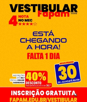 ⚠️ É ATÉ AMANHÃ!  Ainda dá tempo de garantir sua vaga no Vestibular FAPAM 2026/2.  🎓 Inscrições gratuitas. Não deixe seu futuro para depois!  🚀 Link na bio.  #Fapam #Vestibular