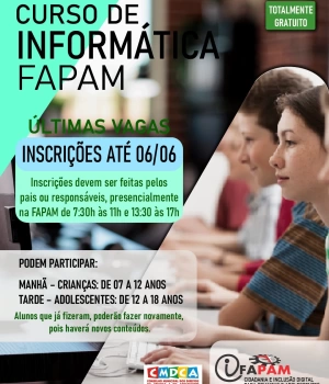 📣 Atenção! Últimas vagas para o Curso de Informática da FAPAM 💻 Até 06/06/2025, pais ou responsáveis ainda podem realizar a inscrição presencialmente na FAPAM, nos seguintes horários:  🕘 Manhã: 7h30 às 11h10 🕔 Tarde: 13h30 às 17h10  📄 Documentos obrigatórios: • Identidade, CPF ou certidão de nascimento do aluno • Documento do responsável • Comprovante de residência  ⚠️ Importante: Só será possível efetuar a inscrição com todos os documentos em mãos. 📆 No ato da inscrição, você receberá as informações sobre dias e horários das aulas.  🎓 Não perca essa oportunidade gratuita de qualificação para crianças e adolescentes! #InformáticaParaTodos #CursoGratuito #FAPAM #IFAPAM #InclusãoDigital #ParáDeMinas