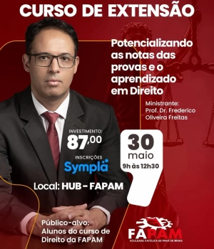 A FAPAM convida os alunos de Direito para o curso de extensão: “Potencializando as notas das provas e o aprendizado em Direito”.  👨‍🏫 Ministrante: Frederico Oliveira Freitas 📅 Data: 30 de maio ⏰ Horário: 9h às 12h30 📍 Local: HUB - FAPAM 🎯 Público-alvo: Alunos do curso de Direito da FAPAM 💰 Investimento: R$87,00 📝 Inscrições pelo site Sympla: https://www.sympla.com.br/evento/curso-de-extensao-potencializando-as-notas-das-provas-e-o-aprendizado-em-direito/3399046  O curso tem como objetivo apresentar técnicas comprovadas para melhorar o desempenho acadêmico, aprofundar a compreensão das matérias e desenvolver uma rotina de estudos mais eficiente. A metodologia é baseada no tripé: autoconhecimento, mentalidade e técnicas de estudo — essenciais para quem quer evoluir de verdade na graduação.  Invista no seu aprendizado e no seu futuro profissional. 🚀  #FAPAM #Direito #CursoDeExtensão #Estudos #DesempenhoAcadêmico FuturoProfissional